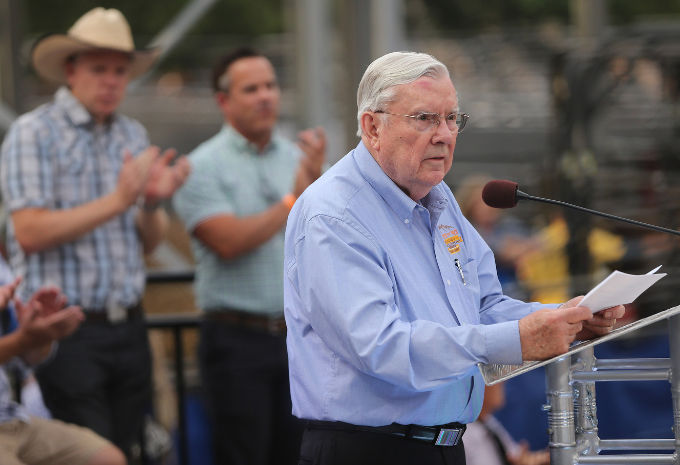 Elder M. Russell Ballard, of the LDS Church's Quorum of the Twelve Apostles, speaks during the opening ceremony for the annual Days of '47 Rodeo at the new Fairpark Arena. (Photo: Jeffrey D. Allred, Deseret News)