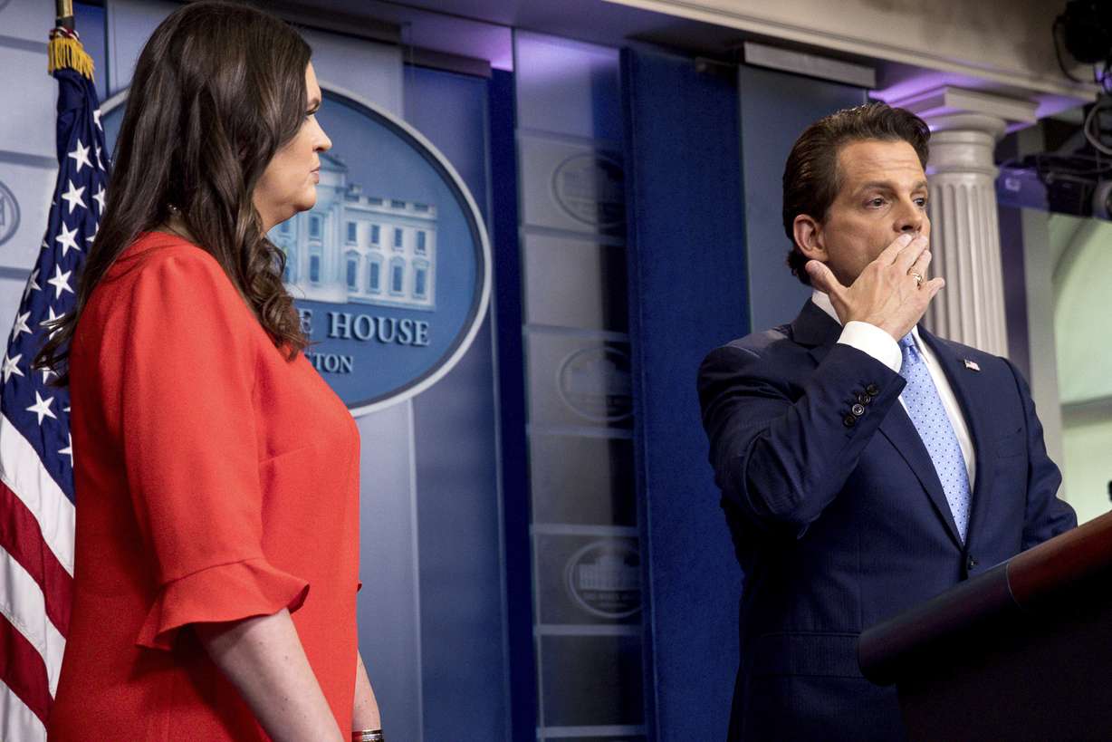 Anthony Scaramucci, incoming White House communications director, right, accompanied by newly appointed White House press secretary Sarah Huckabee Sanders, left, blows a kiss to the media as he departs the daily press briefing at the White House, Friday, July 21, 2017, in Washington. White House press secretary Sean Spicer has resigned. (Andrew Harnik, AP Photo)
