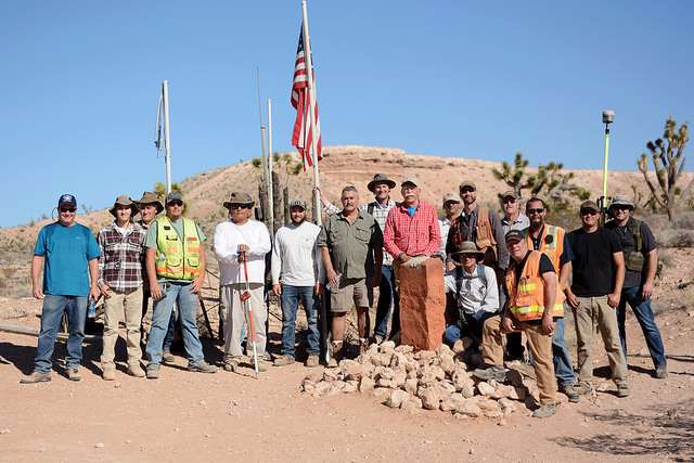 On Thursday, November 3, BLM Utah, Arizona, and Nevada, met in the field with the 3 State Professional Land Surveyor Society members to resurvey the lines of the State boundaries in preparation to rehabilitate and remonument the common State corner. (Photo: Ryan Sutherland, Utah Bureau of Land Management)