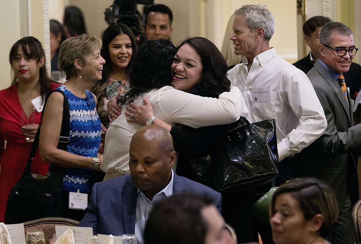 Sen. Luz Robles Escamilla hugs a friend at the 50th Latino Leaders Luncheon Series event at The Grand America Hotel in Salt Lake City on Thursday, July 27, 2017. (Photo: Laura Seitz, Deseret News)