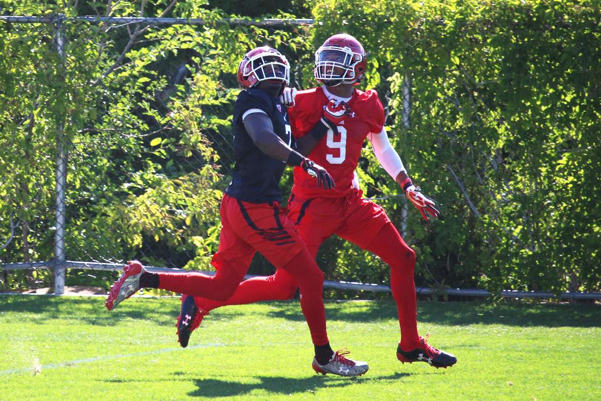 Freshman defensive back Jaylon Johnson competes against senior wide receiver Darren Carrington II during the first day of the University of Utah football team's fall camp Friday, July 28, 2017. (Photo: Holli Joyce, KSL.com)