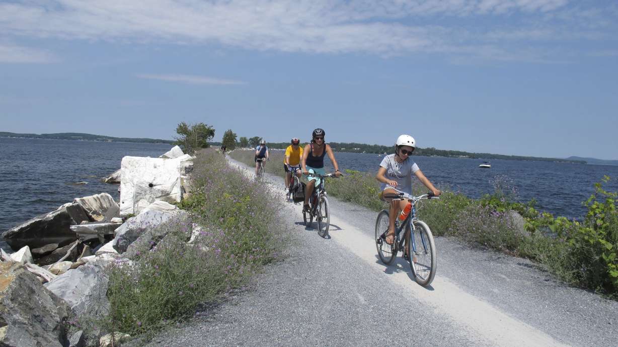 Biking across Lake Champlain on an old rail causeway
