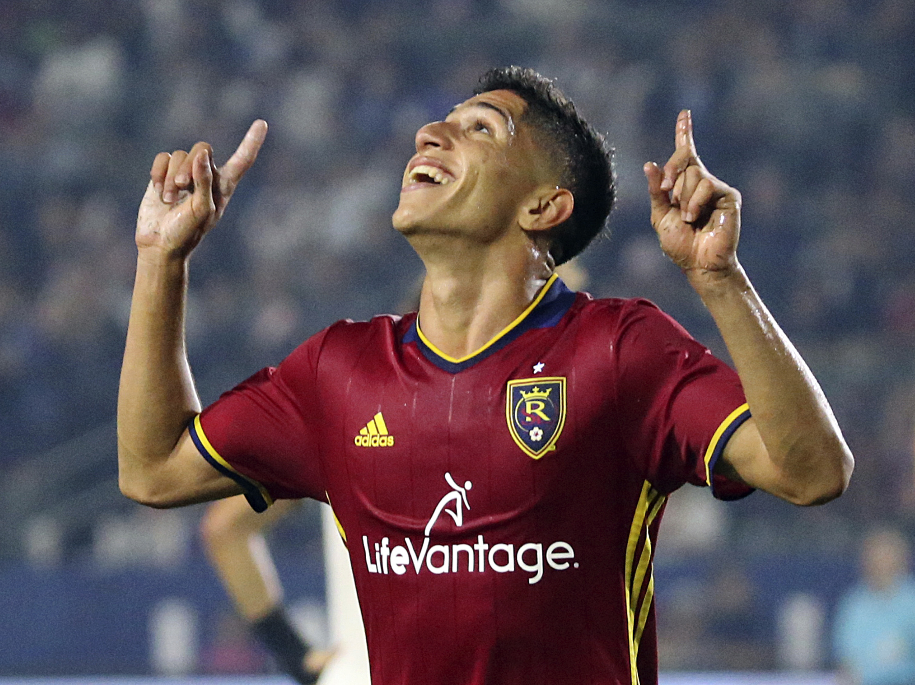 Real Salt Lake forward Jefferson Savarino celebrates after one of his two goals against the LA Galaxy in the second half of an MLS soccer match in Carson, Calif., Tuesday, July 4, 2017. Real Salt Lake won, 6-2. (AP Photo/Reed Saxon)