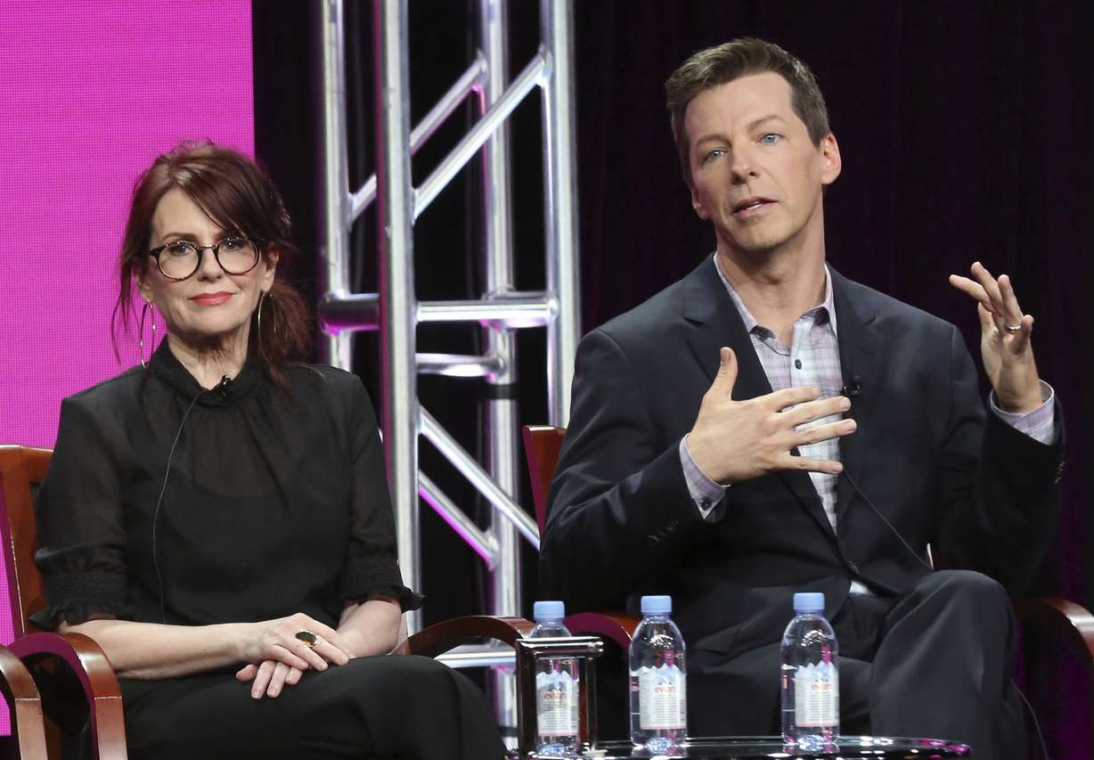 Megan Mullally, left, and Sean Hayes participate in the "Will & Grace" panel during the NBC Television Critics Association Summer Press Tour. Photo: AP Photo