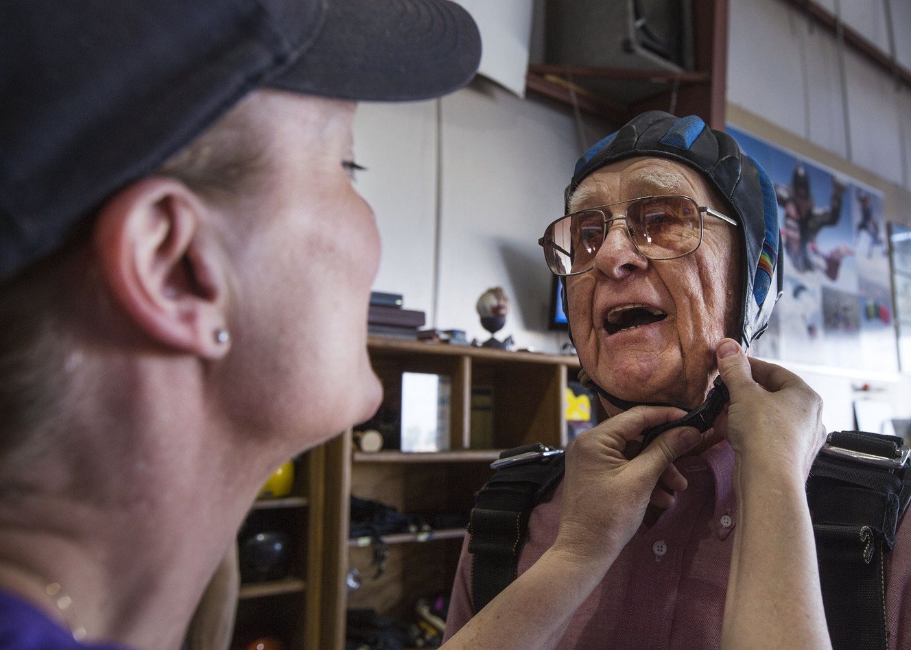 Skydive Ogden owner Suzanne Wallace helps fit Wendell Ashcroft in a cap at Skydive Ogden in Ogden on Saturday, Aug. 5, 2017. (Photo: Kelsey Brunner, Deseret News)