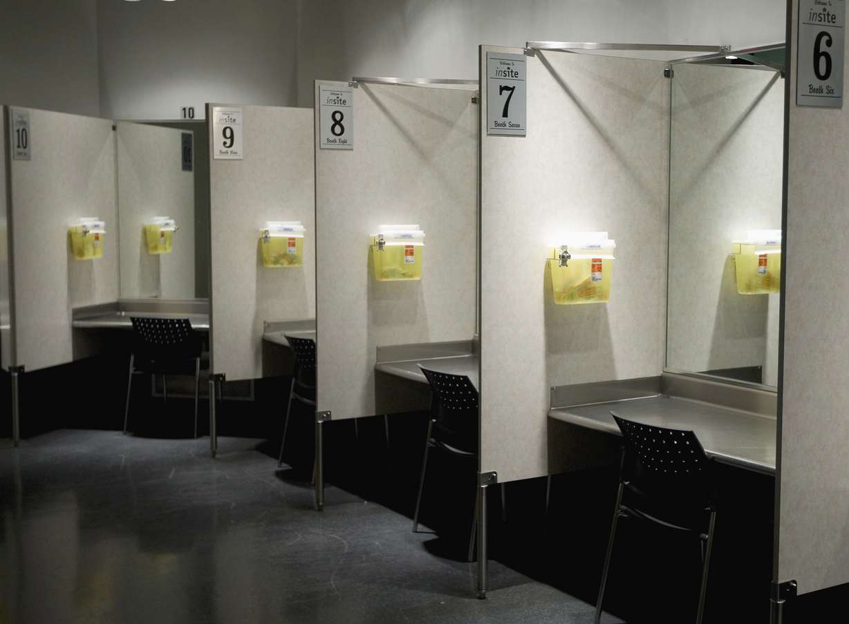 FILE - This Tuesday, May 6, 2008, file photo shows injection booths at Insite in Vancouver, British Columbia, Canada. The facility is promoted by its founders as a safe, humane facility for drug abusers.