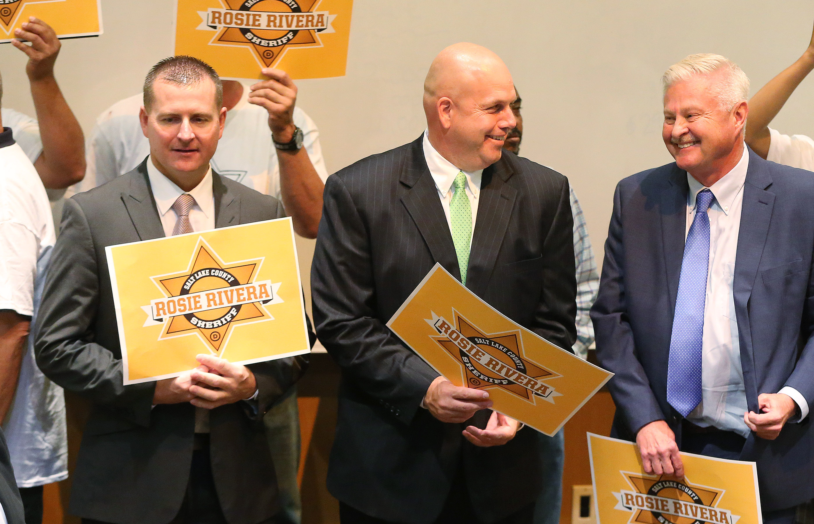Candidates Unified Police Sgt. Levi Hughes, Utah Transit Authority Police Chief Fred Ross and Unified police detective Ken Hansen stand with Unified Police Chief Rosie Rivera's campaign in the second round as Salt Lake County Democrats meet to elect a new county sheriff in Sandy on Saturday, Aug. 12, 2017. (Photo: Jeffrey D. Allred, Deseret News)