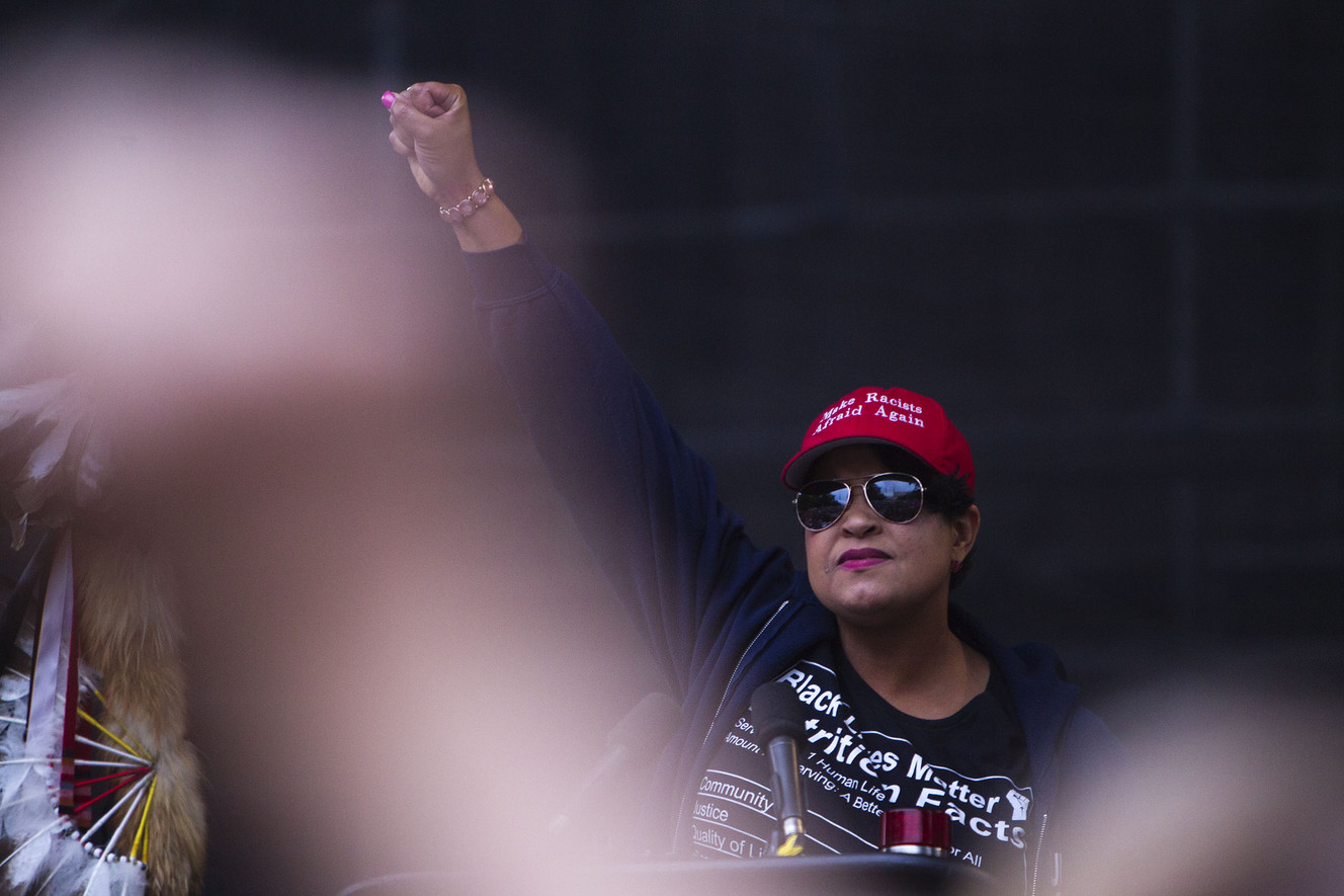 Lex Scott with Black Lives Matter gives a powerful speech inspiring others in the crowd to raise their fists with her during a Solidarity Rally in Salt Lake City on Monday, August 14, 2017. (Photo: Kelsey Brunner, Deseret News)