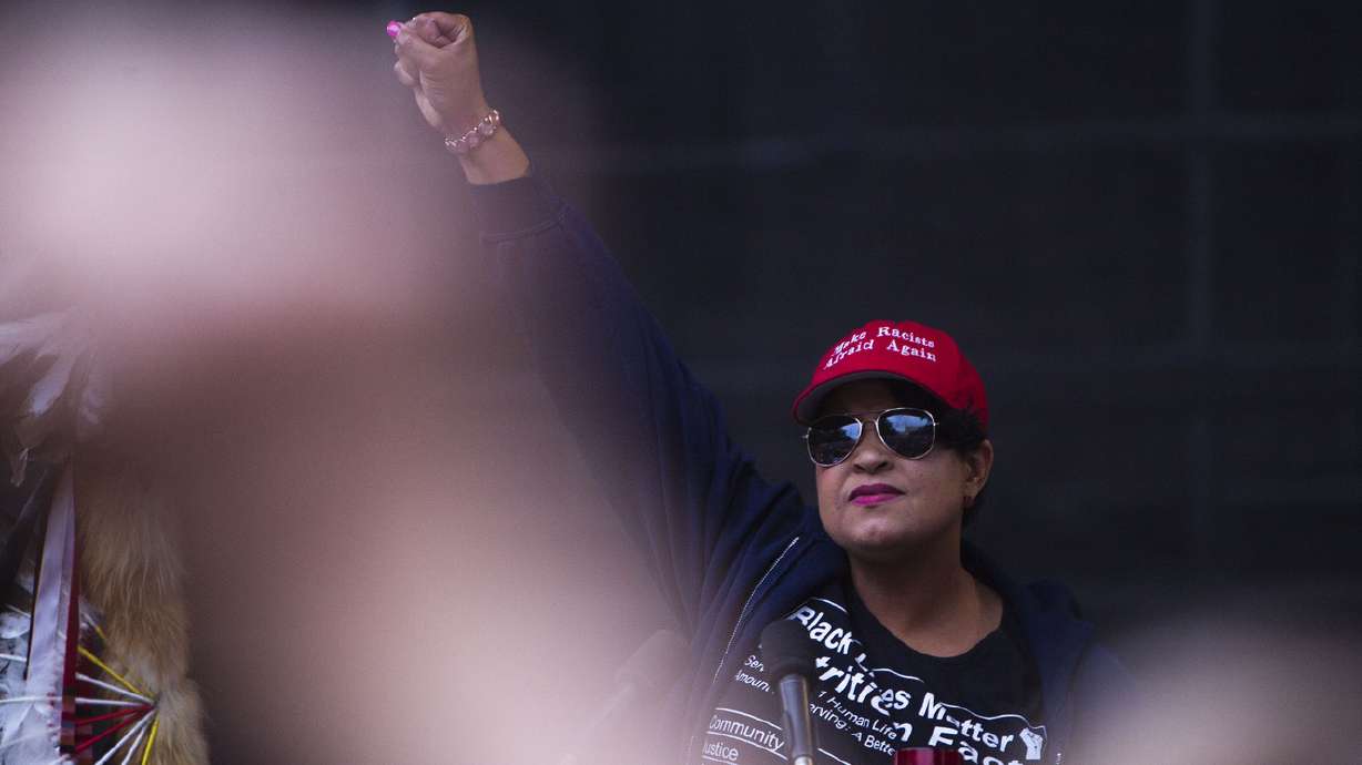 Lex Scott with Black Lives Matter gives a powerful speech inspiring others in the crowd to raise their fists with her during a Solidarity Rally in Salt Lake City on Monday, August 14, 2017. (Photo: Kelsey Brunner, Deseret News)