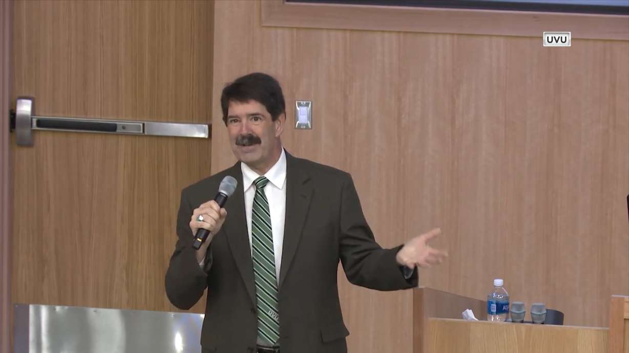 Mark Seastrand teaching at Utah Valley University just four weeks after open-heart surgery. (KSL TV)