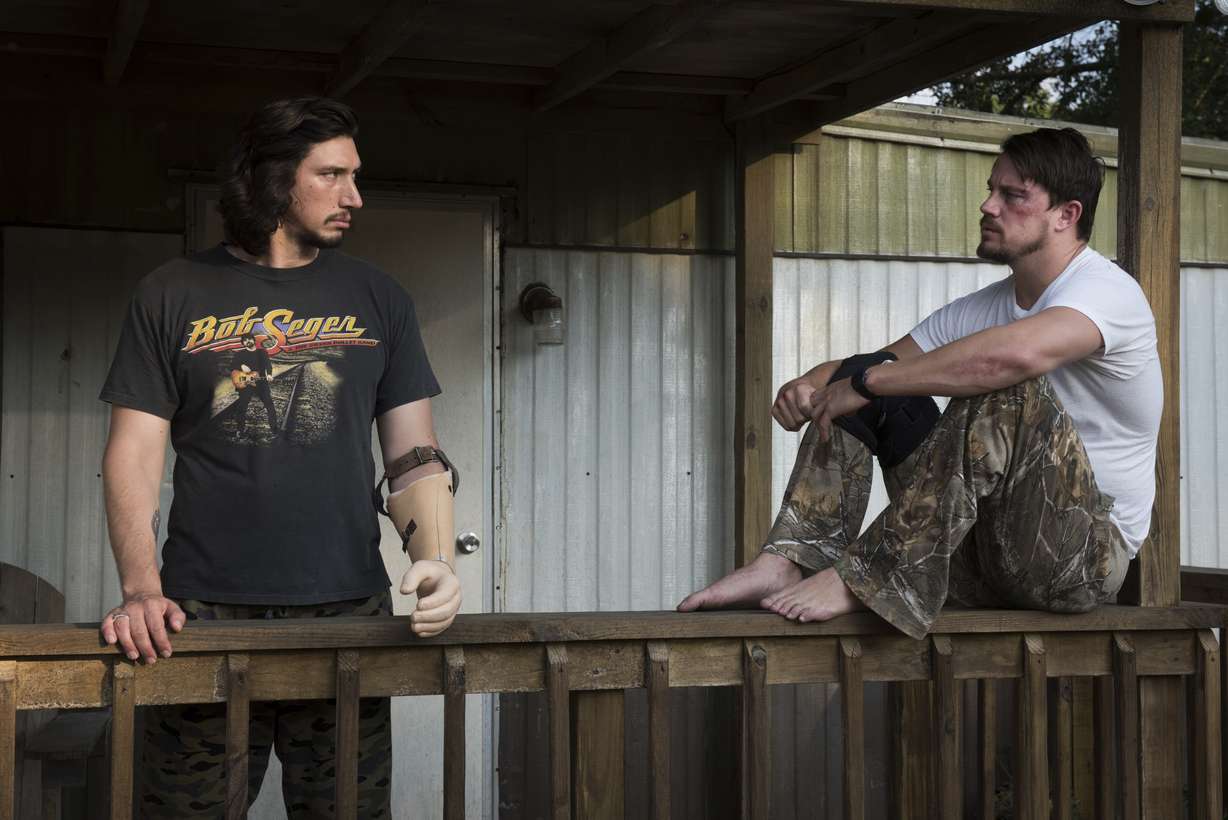 This image released by Bleecker Street shows Adam Driver, left, and Channing Tatum in "Logan Lucky."