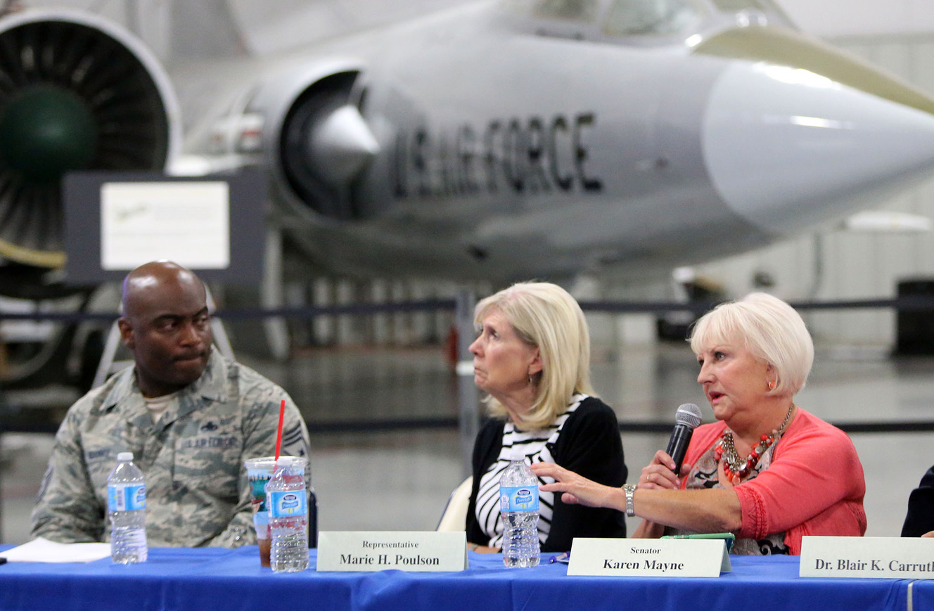 Sen. Karen Mayne, D-West Valley City, asks a question during the Utah Legislature's Veterans and Military Affairs Commission meeting at the Hill Aerospace Museum at Hill Air Force Base. (Photo: Kristin Murphy, Deseret News)