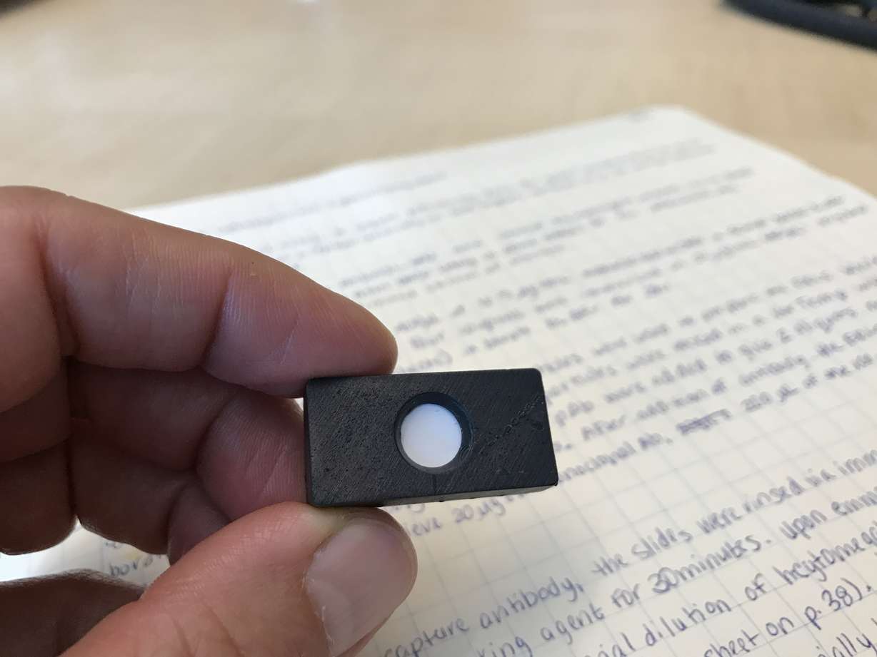 A small domino-sized cartridge holds a membrane for a new field test for liver cancer developed by researchers from the University of Utah. Photo: University of Utah