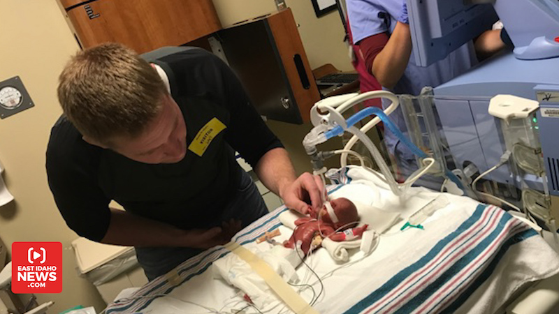 Dr. Wyc Cheatham, the neonatologist working at EIRMC when Kaio was delivered, encouraged the young father to come over and say hi to his son. (Photo: Courtesy Doxey family)