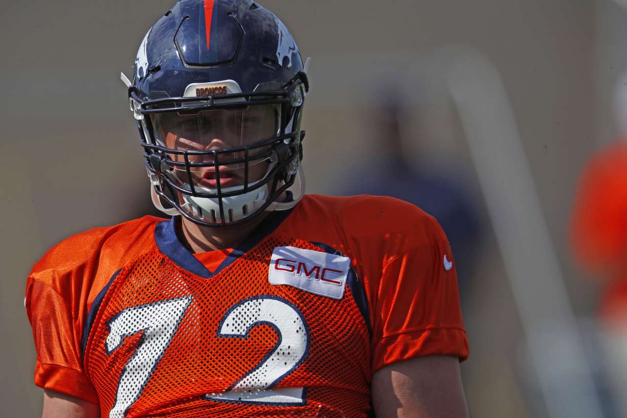 Denver Broncos offensive tackle Garett Bolles (72) during drills at an NFL football training camp Monday, July 31, 2017, in Englewood, Colo. (AP Photo/David Zalubowski)