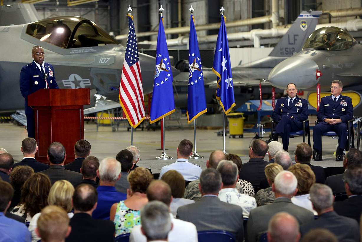 Brig. Gen. Stacey Hawkins speaks during a change-of-command ceremony at Hill Air Force Base on Thursday, Aug. 31, 2017. Hawkins is replacing Gen. Steven Bleymaier as the new Ogden Air Logistics Complex commander. Bleymaier is replacing Hawkins as the director of logistics, engineering and force protection for Air Mobility Command at Scott Air Force Base in Illinois. (Photo: Kristin Murphy, Deseret News)