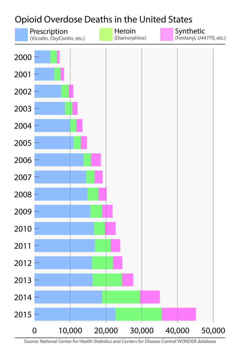 Number of deaths caused by opioids in the United States between the years 2000 and 2015. (Graphic: Robert Lawrence, National Center for Health Statistics, Centers for Disease Control WONDER)