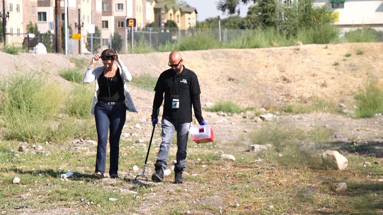 Three times a week, One Voice Recovery executive director Patrick Rezac walks Salt Lake County neighborhoods to pick up dirty needles that get tossed onto the ground — and he's found them as far south as Draper. (Photo: KSL TV)