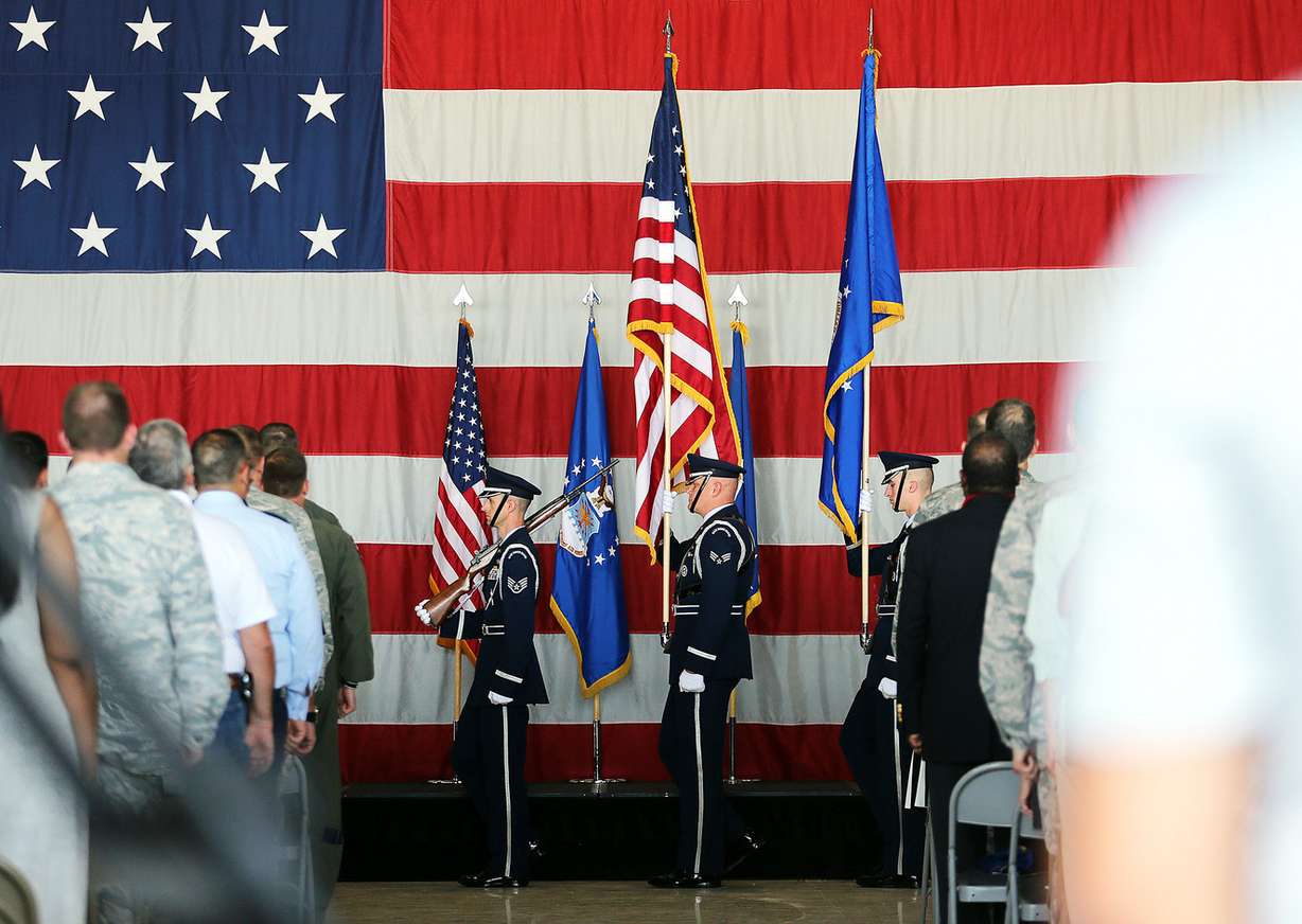 The color guard presents the flag as Hill Air Force Base bids farewell to the F-16 at Viper Out ceremony on base. The 388th and 419th fighter wings at Hill AFB bid farewell to the F-16 Fighting Falcon during a ceremony on Friday, Sept. 8, 2017. (Photo: Scott G Winterton, Deseret News)