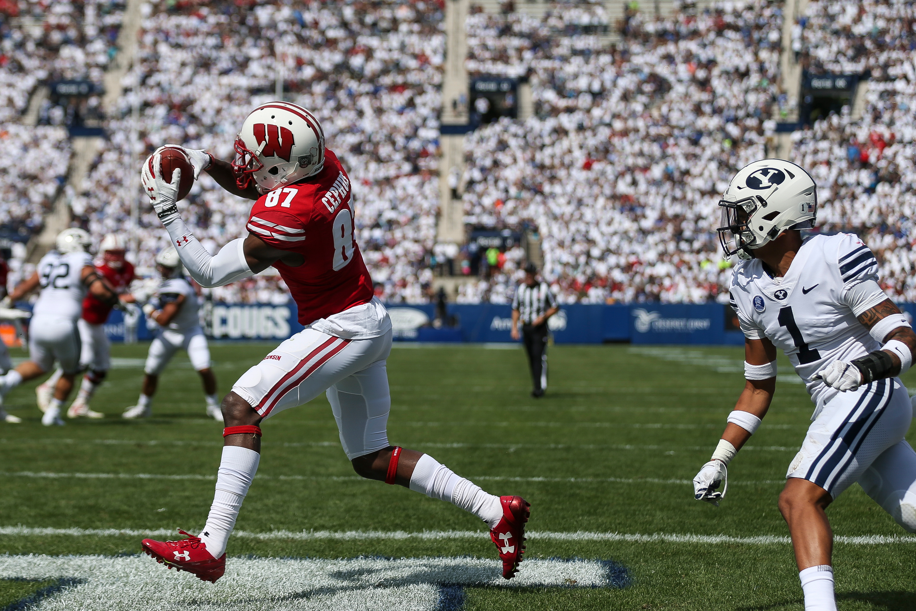 Wisconsin wide receiver Quintez Cephus (87) makes a touchdown reception, putting the Badgers up 17-3 over the Brigham Young Cougars after the PAT, in the first half at LaVell Edwards Stadium in Provo on Saturday, Sept. 16, 2017. (Photo: Spenser Heaps, Deseret News)