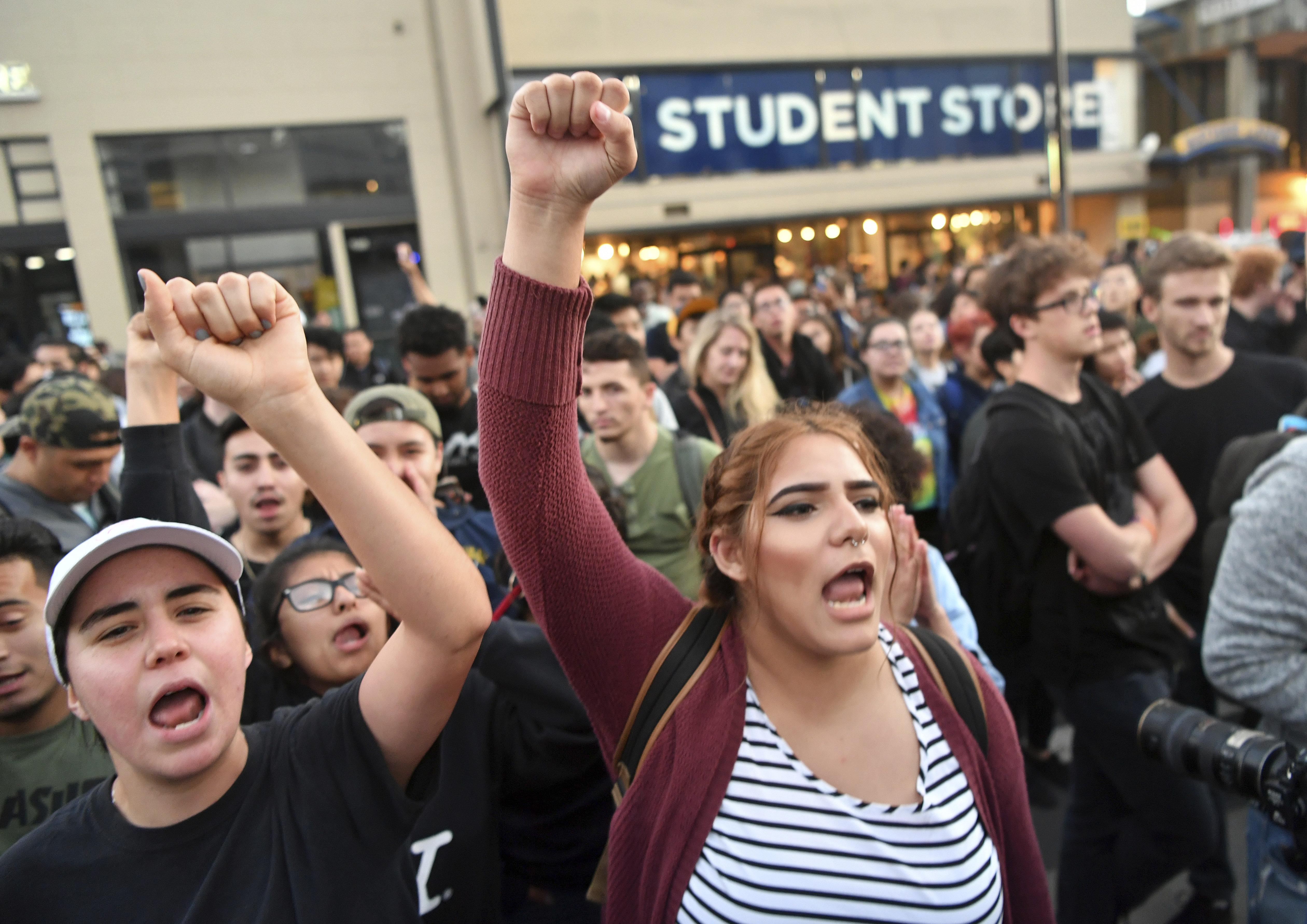 Protesters shout before a speaking engagement by Ben Shapiro on the campus of the University of California Berkeley in Berkeley, Calif., Thursday, Sept. 14, 2017. (Josh Edelson, AP Photo, File)