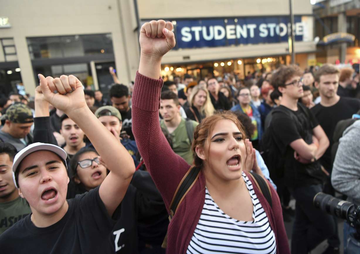Protesters shout before a speaking engagement by Ben Shapiro on the campus of the University of California Berkeley in Berkeley, Calif., Thursday, Sept. 14, 2017. (Josh Edelson, AP Photo, File)
