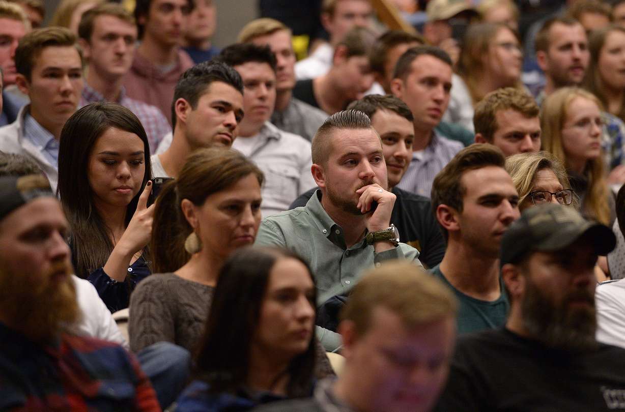 Audience members listen to controversial conservative commentator Ben Shapiro, editor-in-chief of the Daily Wire and former editor-at-large of Breitbart News, as he addresses the student group Young Americans for Freedom at the University of Utah's Social and Behavioral Sciences Lecture Hall, Wednesday, September 27, 2017. Shapiro was invited by the student organization sponsored by Young America’s Foundation, the parent organization over campus Young Americans for Freedom chapters, not the university itself. (Photo: Leah Hogsten)