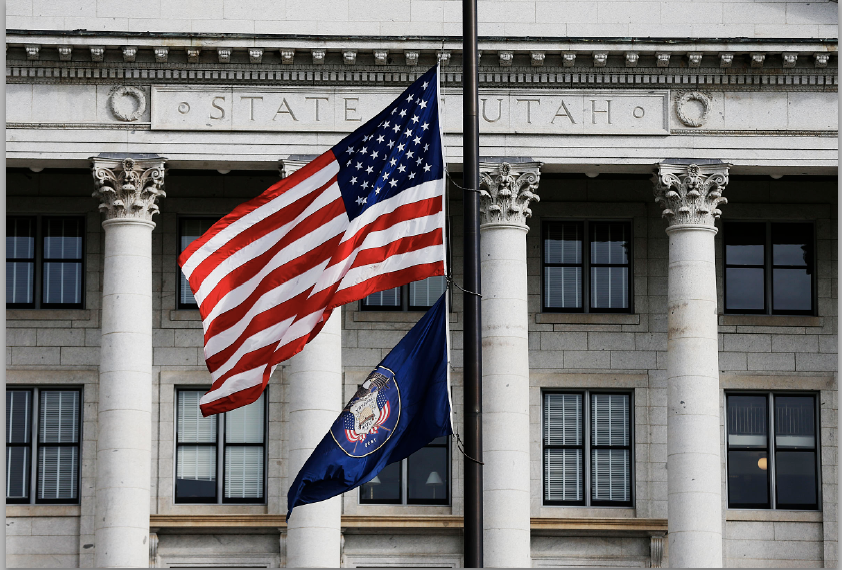 Flags fly at half-staff at the Utah Capitol Monday, Oct. 2, 2017. Utah's independent redistricting commission is set to begin its quest to redraw the state's voting district lines.