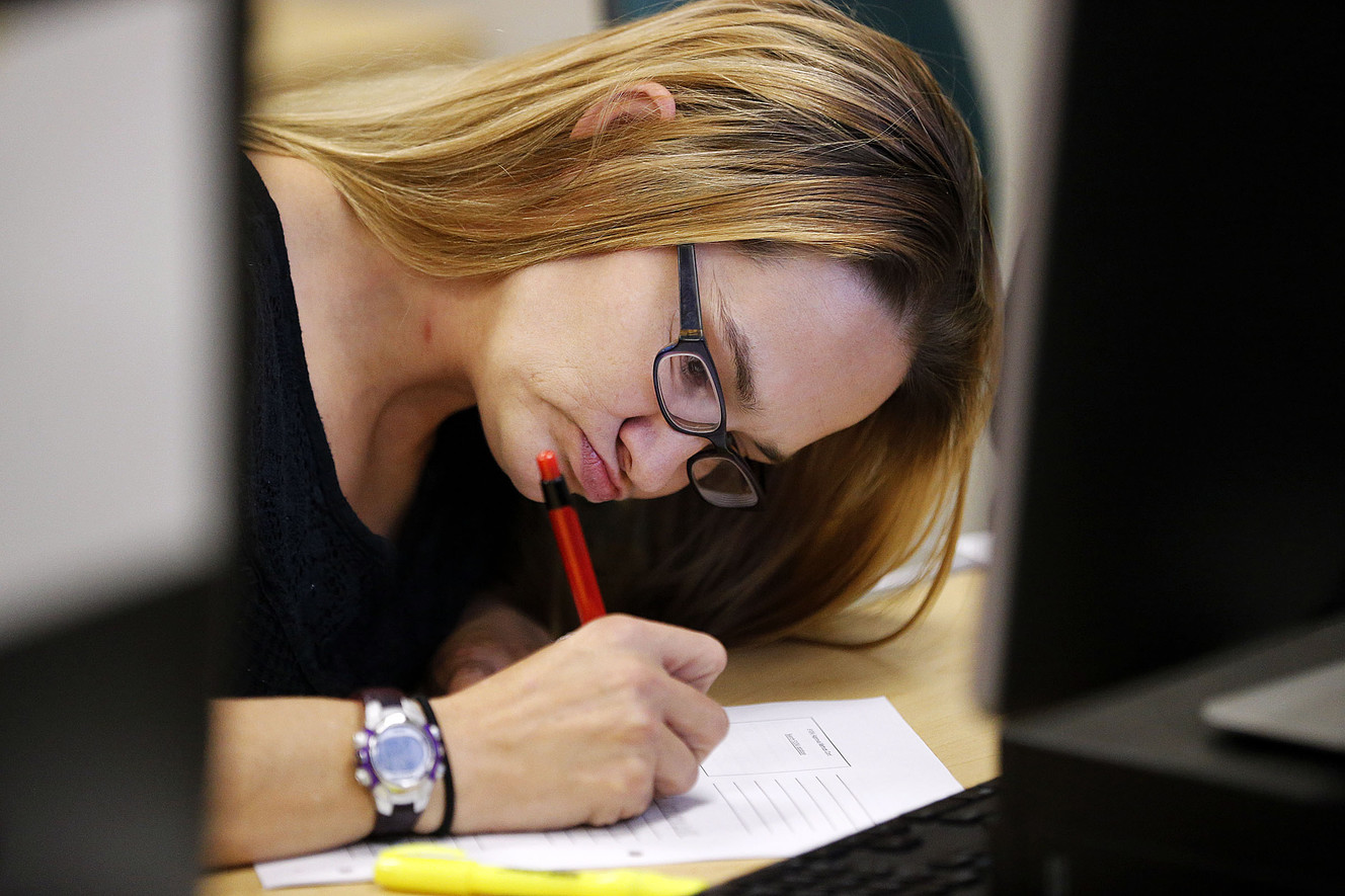 Barbie Blood studies during the Invest in You Too program at Salt Lake Community College in Sandy on Monday, Oct. 2, 2017. The Department of Workforce Services’ program is a 13-week course that helps single mothers in poverty to build skills in medical manufacturing and job readiness to open doors for employment. (Photo: Ravell Call, KSL)
