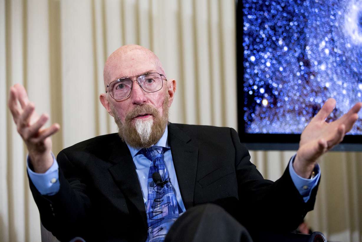 FILE - In this file photo dated Thursday, Feb. 11, 2016, Laser Interferometer Gravitational-Wave Observatory (LIGO) Co-Founder Kip Thorne speaks during a news conference at the National Press Club in Washington. (AP Photo/Andrew Harnik, FILE)