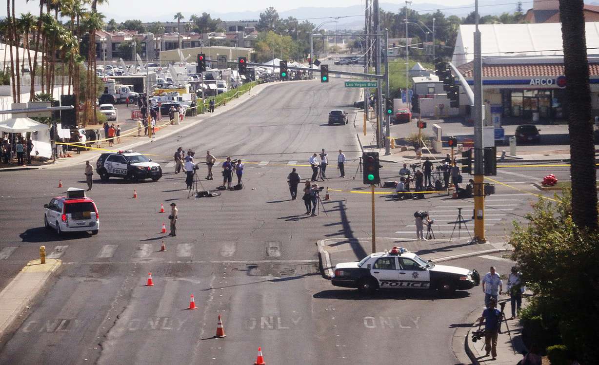 Media continue reporting on the Las Vegas mass shooting at the Route 91 Harvest Festival on Tuesday, Oct. 3, 2017. (Photo: Scott G Winterton, Deseret News)
