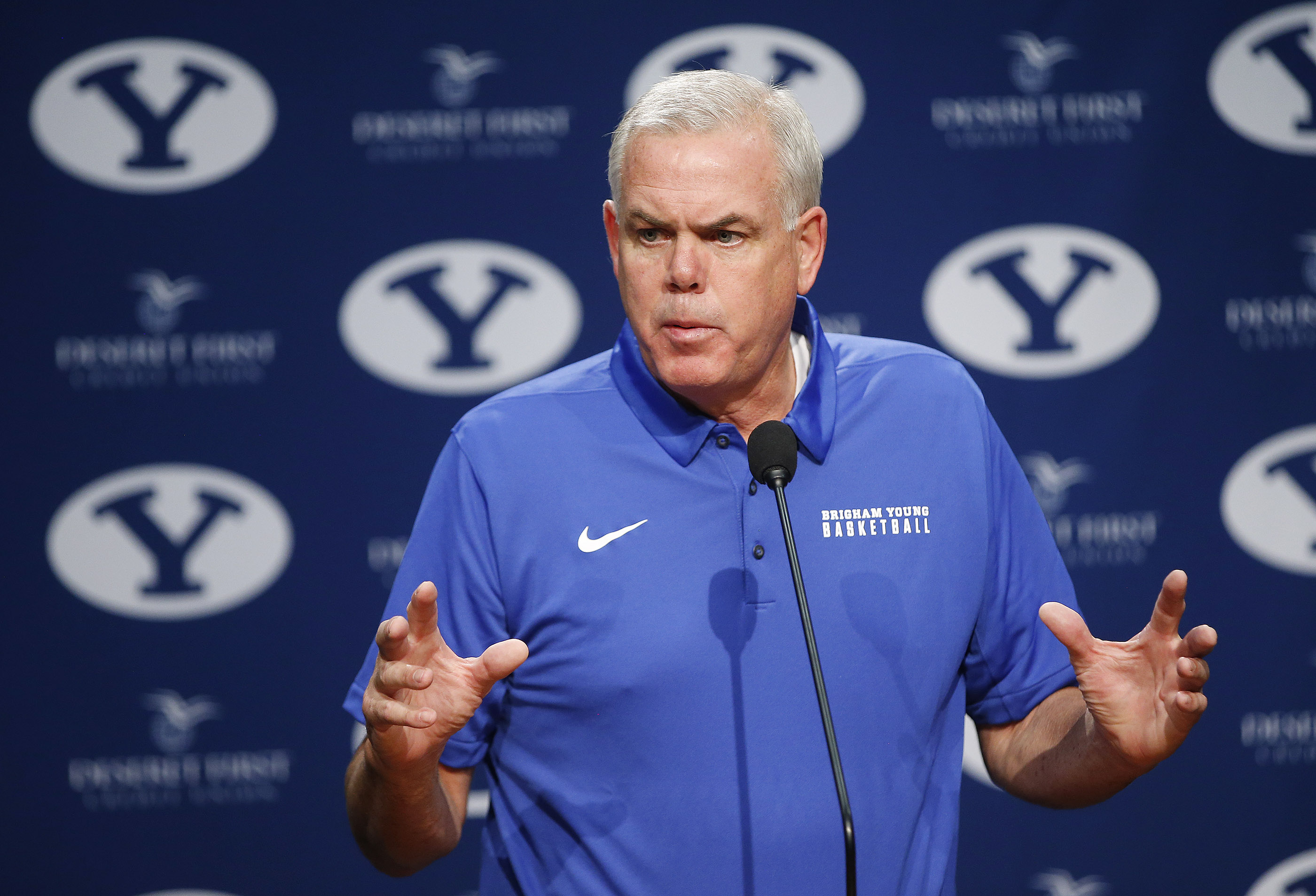 Coach Dave Rose talks with reporters during BYU basketball media day in Provo on Thursday, Oct. 5, 2017. (Photo: Jeffrey D. Allred, Deseret News)