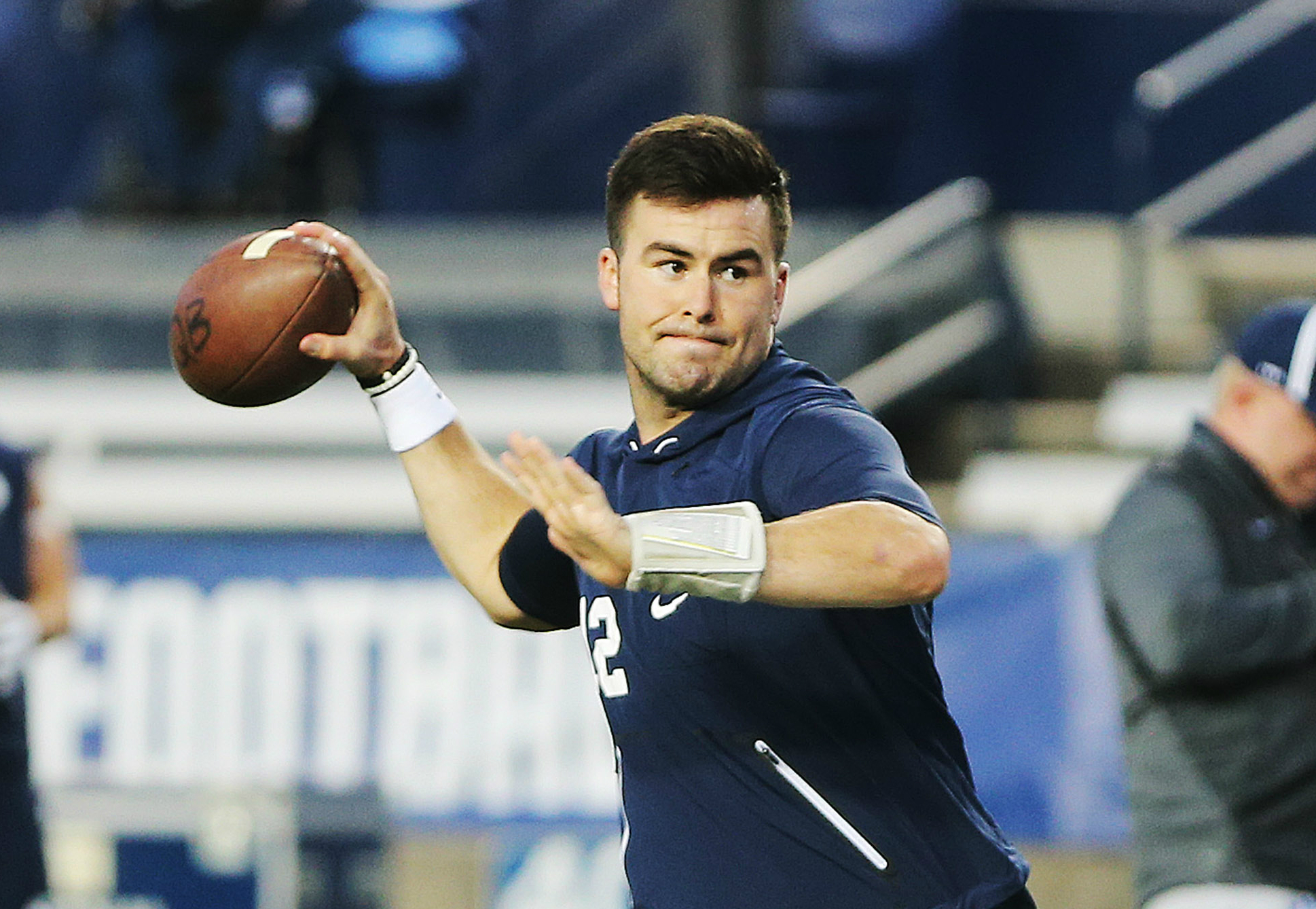 Brigham Young Cougars quarterback Tanner Mangum (12) warms up prior to the game with the Boise State Broncos in Provo on Friday, Oct. 6, 2017. (Photo: Jeffrey D. Allred, Deseret News)