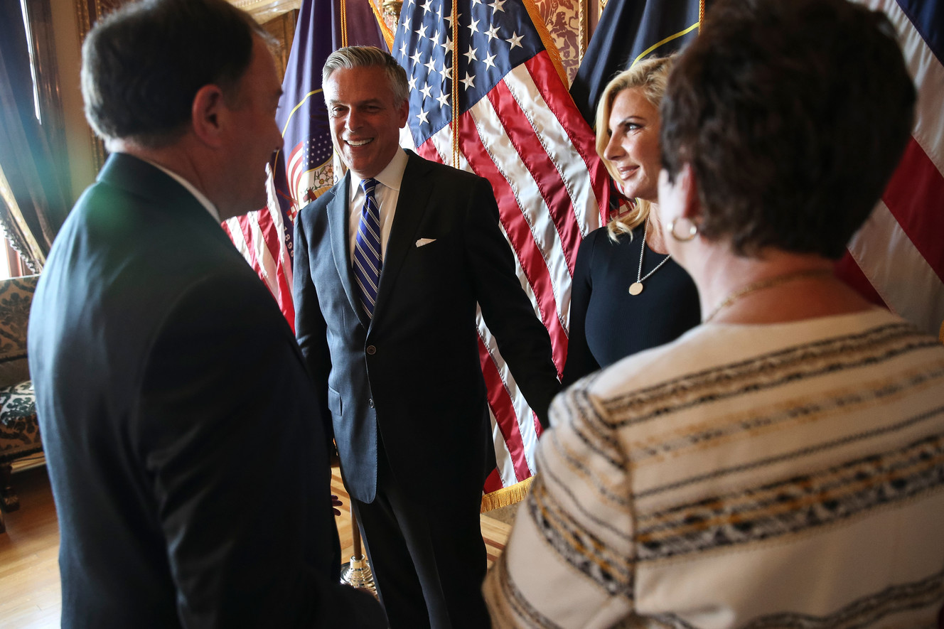 United States Ambassador to Russia Jon M. Huntsman Jr., second from left, his wife, Mary Kaye, third from left, Gov. Gary Herbert, left, and his wife, Jeanette, right, talk after a ceremonial swearing-in at the Utah State Capitol in Salt Lake City on Saturday, Oct. 7, 2017. (Photo: Spenser Heaps, KSL)