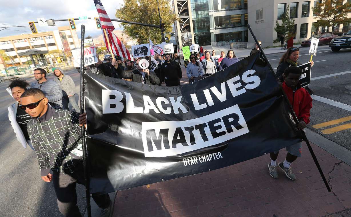 Attendees march as Black Lives Matter Utah hosts a rally in Salt Lake City on Sunday, Oct. 8, 2017. The group is protesting the death of Patrick Harmon, 50, a black man who was shot and killed by Salt Lake police during a traffic stop in August. The district attorney last week determined that the shooting was legally justified. (Photo: Jeffrey D. Allred, KSL)