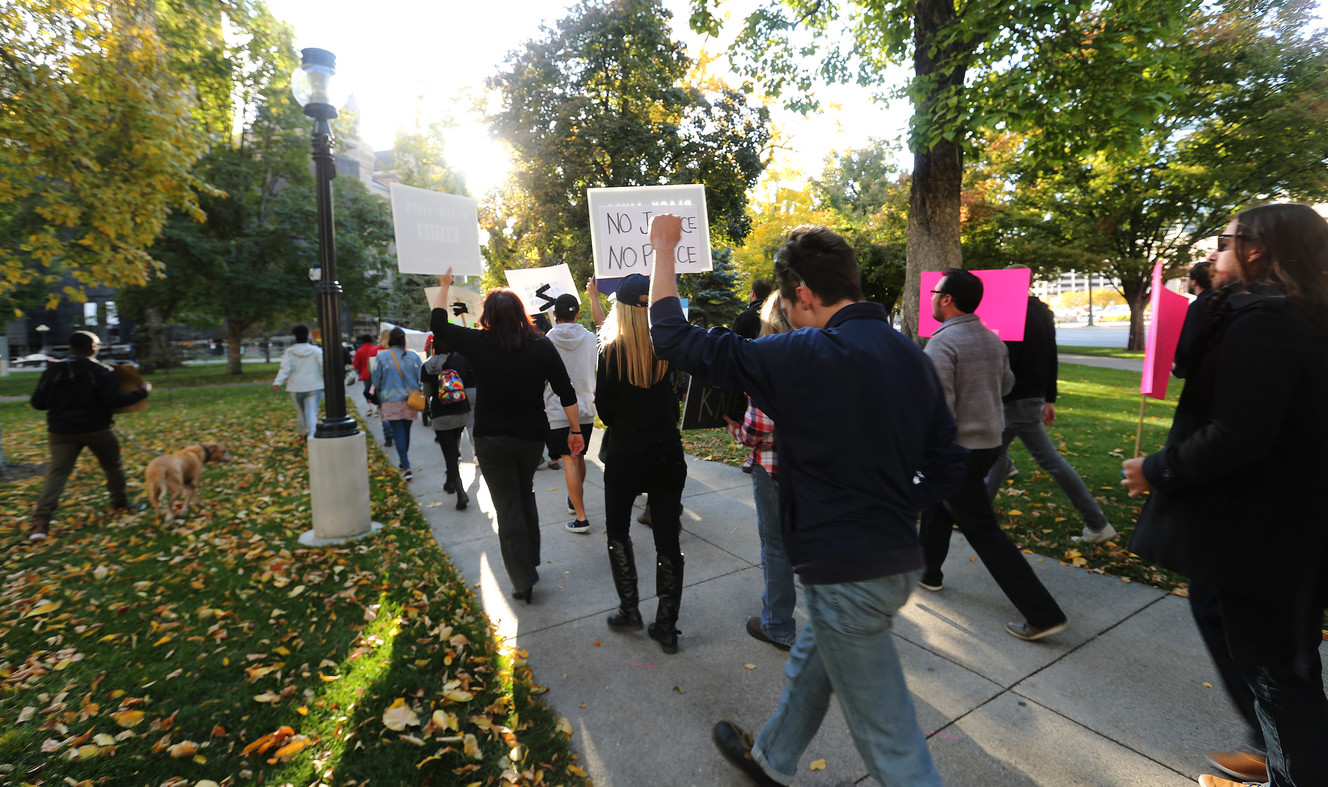 Attendees march as Black Lives Matter Utah host a rally in Salt Lake City on Sunday, Oct. 8, 2017. The group is protesting the death of Patrick Harmon, 50, a black man who was shot and killed by Salt Lake police during a traffic stop in August. The district attorney last week determined that the shooting was legally justified. (Photo: Jeffrey D. Allred, KSL)