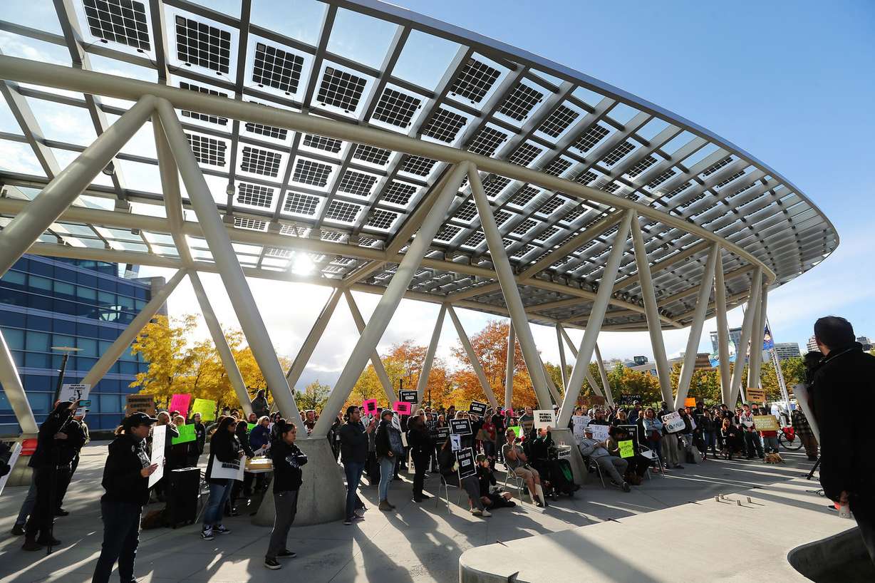 Attendees gather as Black Lives Matter Utah hosts a rally in Salt Lake City on Sunday, Oct. 8, 2017. The group is protesting the death of Patrick Harmon, 50, a black man who was shot and killed by Salt Lake police during a traffic stop in August. The district attorney last week determined that the shooting was legally justified. (Photo: Jeffrey D. Allred, KSL)
