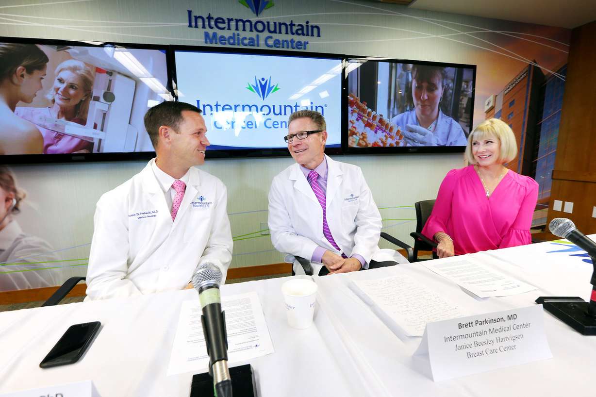 Dr. Lincoln Nadauld, executive director of Intermountain Precision Genomics, left, Dr. Brett Parkinson, a radiologist with the Breast Care Center at Intermountain Medical Center, and Linda Warner, a breast cancer survivor, discuss the launch of a cutting-edge genomics breast cancer study for Utah women during a press conference in Murray on Monday, Oct. 9, 2017. The study seeks to determine whether specific blood tests that look for DNA from cancer tumors can be used to complement screening mammography to improve the way breast cancer is diagnosed. (Photo: Scott G Winterton, Deseret News)