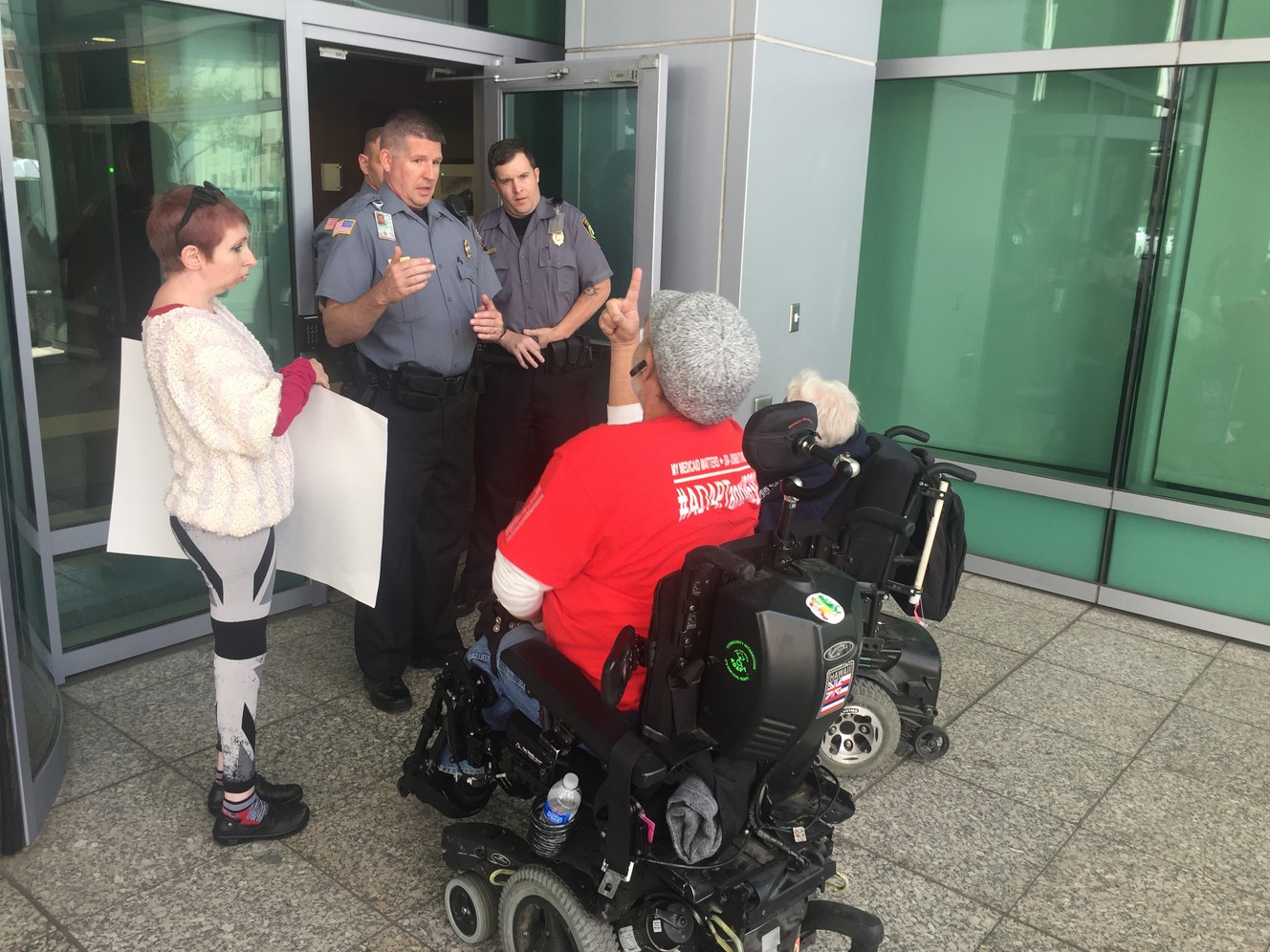 Members of the Disabled Rights Action Committee are turned away from entering the Wallace F. Bennett Federal Building in Salt Lake City on Wednesday, Oct. 11, 2017. They wanted to speak with the staff of Sen. Orrin Hatch, R-Utah, to encourage support of the Disability Integration Act in Congress. (Photo: Wendy Leonard, KSL)