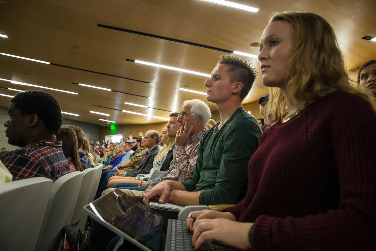 Utah Valley University students listen as President Matthew S. Holland hosts retired Air Force Gen. Michael Hayden, former director of the National Security Agency and the CIA, for the Presidential Lecture Series in the Fulton Library on the UVU campus in Orem on Wednesday Oct. 11, 2017. (Photo: August Miller, UVU Marketing)
