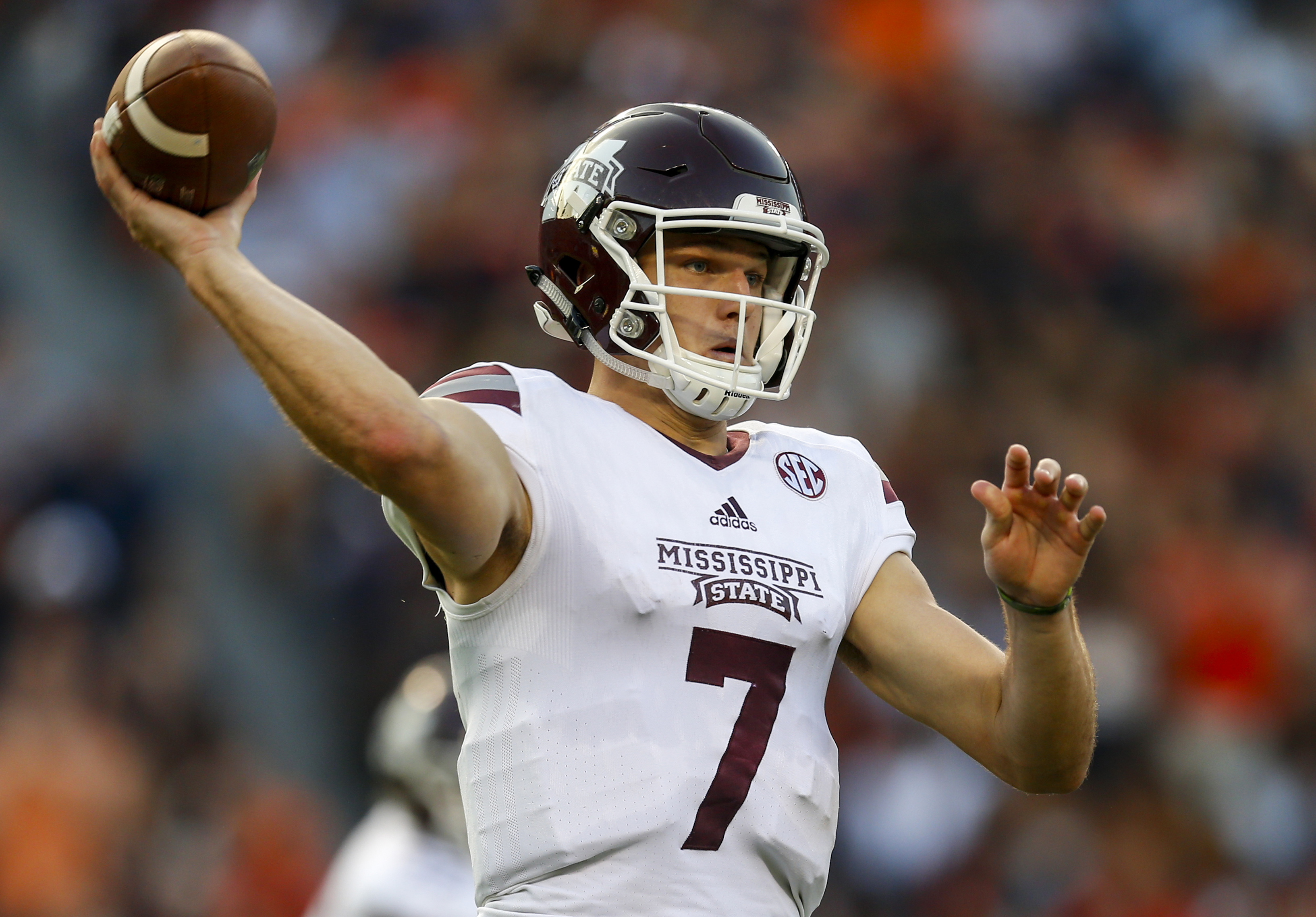 Mississippi State quarterback Nick Fitzgerald (7) throws a pass during the first half of an NCAA college football game against Auburn, Saturday, Sept. 30, 2017, in Auburn, Ala. (AP Photo/Butch Dill)