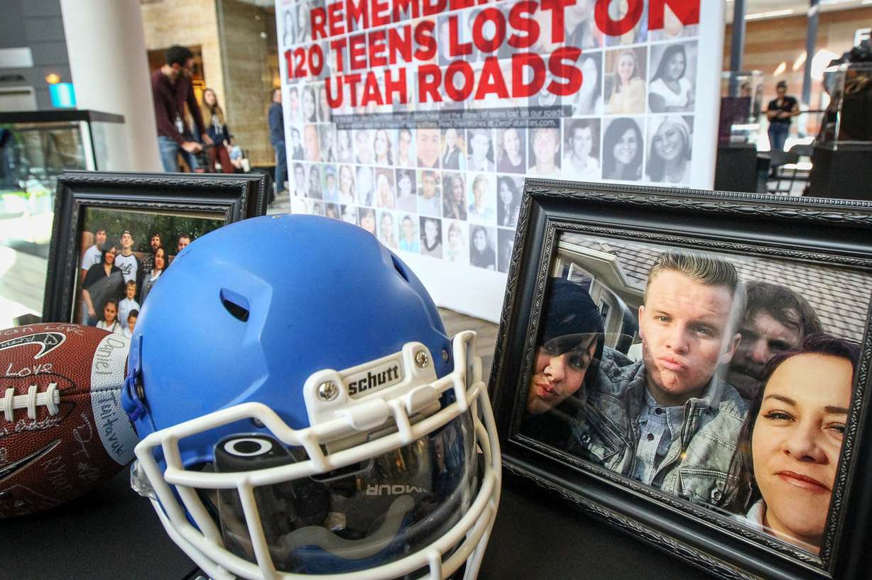 Memorabilia belonging to Drex Taylor, who was killed in 2016, is pictured at an exhibit commemorating 120 of the 285 teen lives lost on Utah roads over the last 10 years at the Shops at South Town in Sandy on Monday, Oct. 16, 2017. The exhibit will remain on display through the holidays. (Photo: Adam Fondren, KSL)