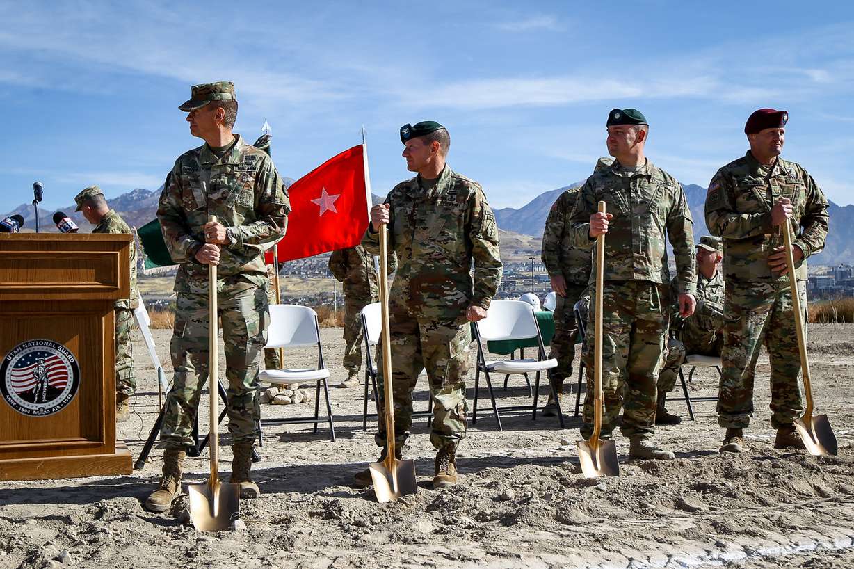 Members of the Utah National Guard and the 19th Special Forces Group (Airborne) attend the groundbreaking for a new Special Forces Readiness Center at Camp Williams on Tuesday, Oct. 17, 2017. (Photo: Adam Fondren, KSL)