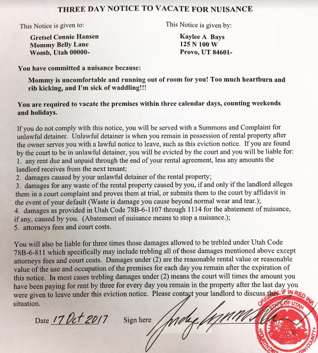 Judge signs eviction notice for mom eager for baby's birth