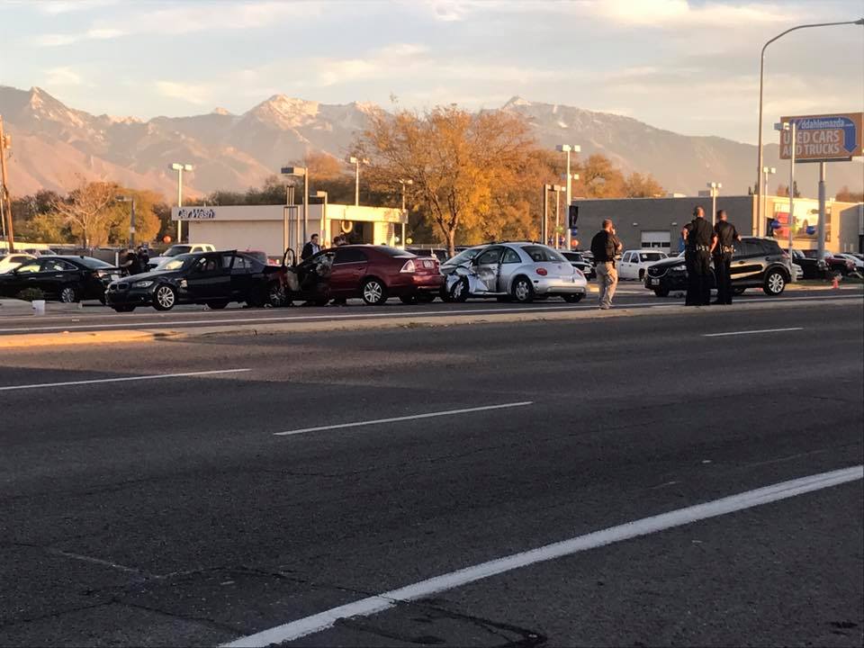 Several cars were involved in a crash after a fatal shooting near the intersection of 4500 South and State Street in Murray on Oct. 25, 2017.