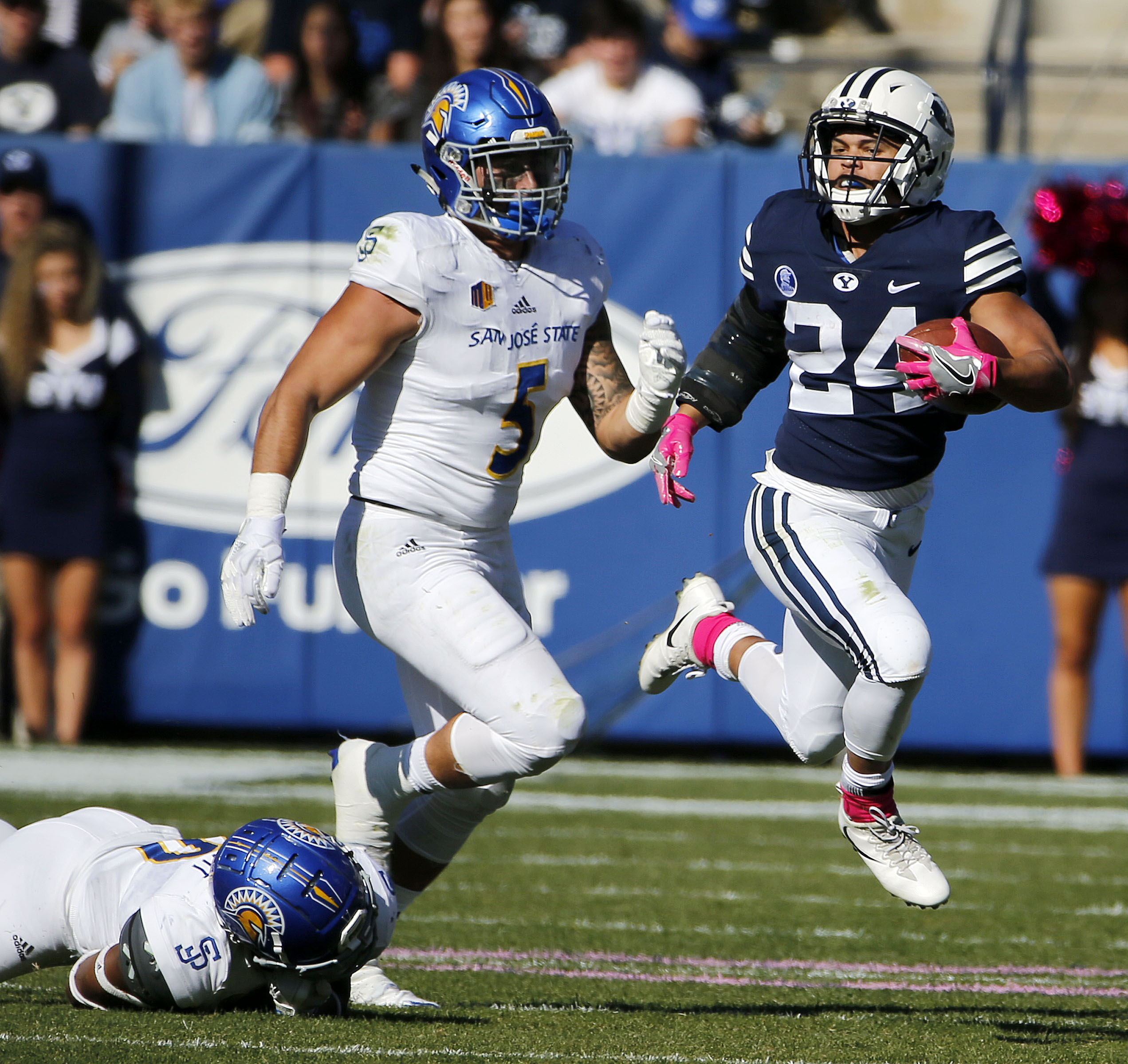 KJ Hall runs for a 75-yard touchdown during BYU's 41-20 win over San Jose State, Saturday, Oct. 28 2017 at LaVell Edwards Stadium in Provo. (Photo: Ravell Call, Deseret News)