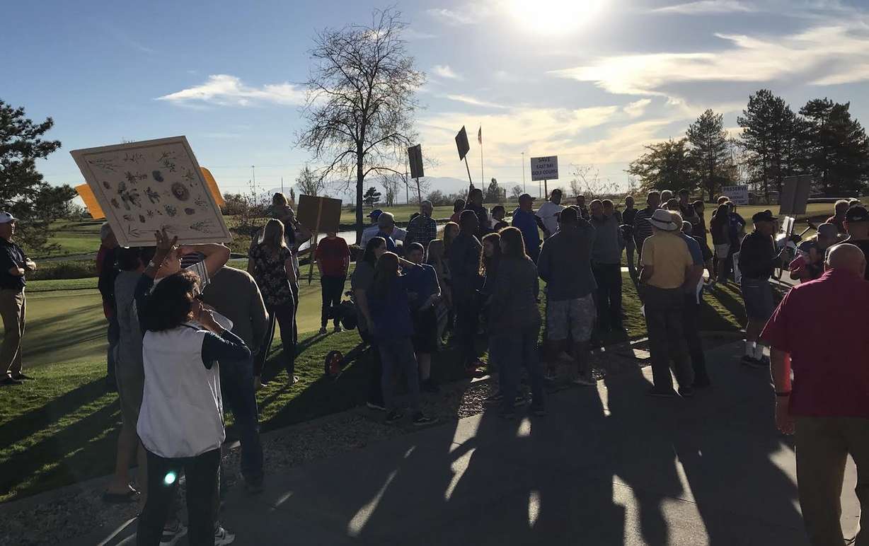 Provo residents gathers for a rally to save the East Bay golf course from city negotiations that would sell three holes-worth of land to a private developer in conjunction with a medical school campus in South Provo. (Photo: Sean Walker, KSL.com)