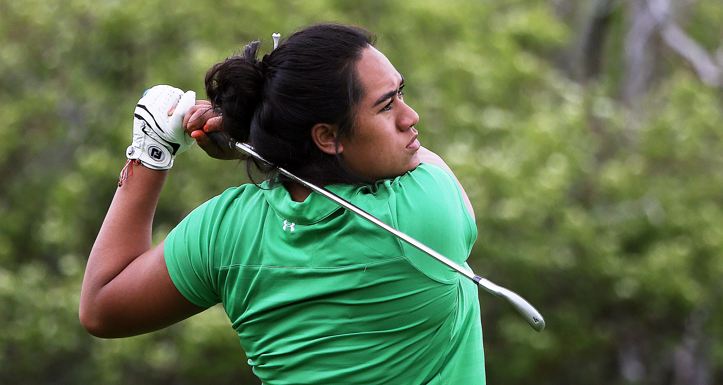 Naomi Soifua tees off during girls 4A state championship golf at Wasatch Mountain State Park in Midway, May 17, 2016. Now a BYU freshman golfer, Soifua attended a rally to spread awareness and spark action against a plan that would sell part of East Bay golf course to a private developer. (Photo: Ravell Call, Deseret News)
