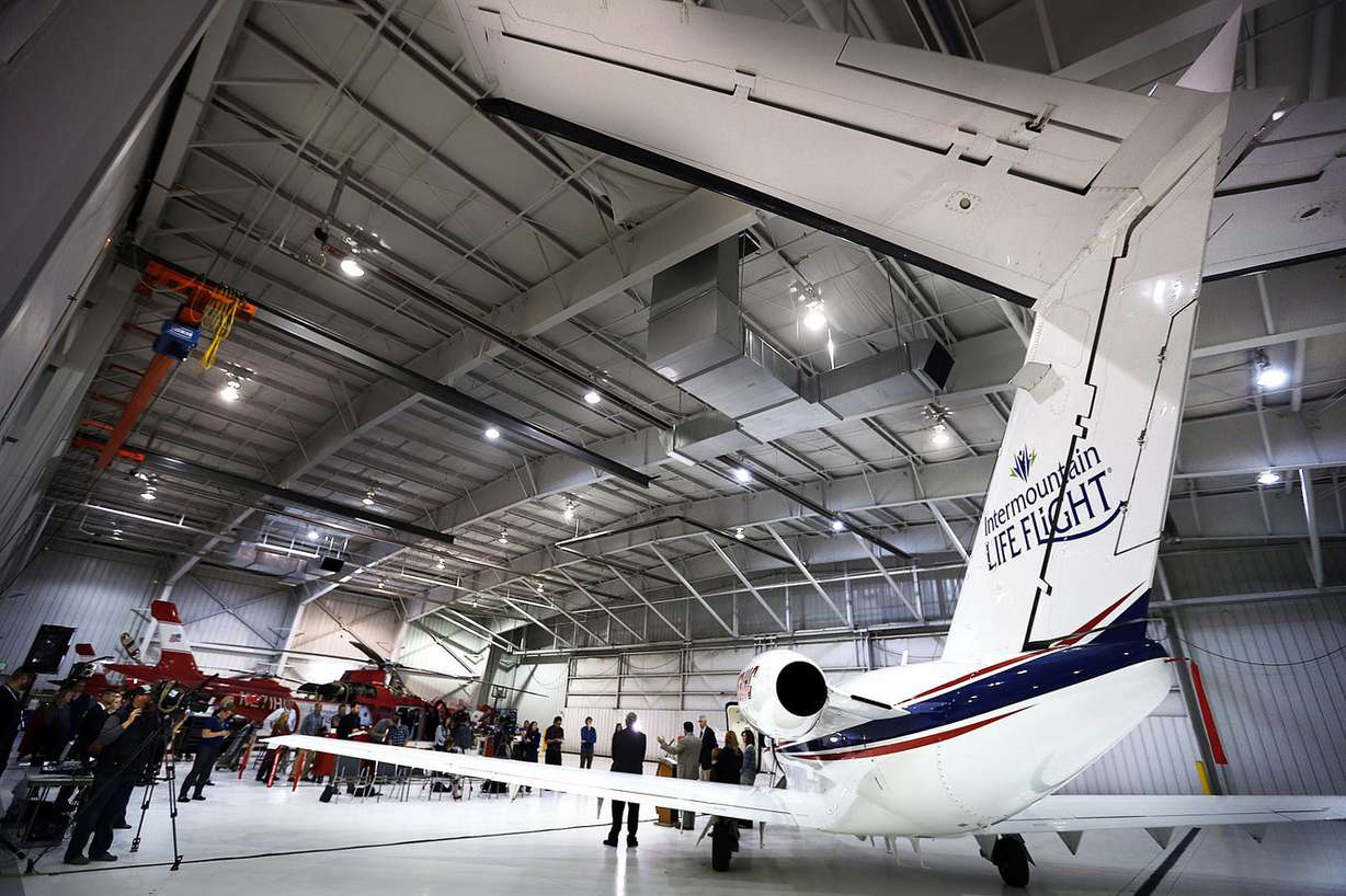Intermountain Healthcare introduces a new Life Flight jet during a news conference in Salt Lake City on Monday, Oct. 30, 2017. The jet will be used primarily to retrieve organs for transplantation in the Intermountain West. (Photo: Ravell Call, KSL)