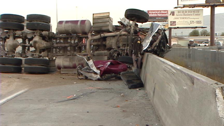 Semi Rollover Injures Four, Ties Up Traffic on I-15